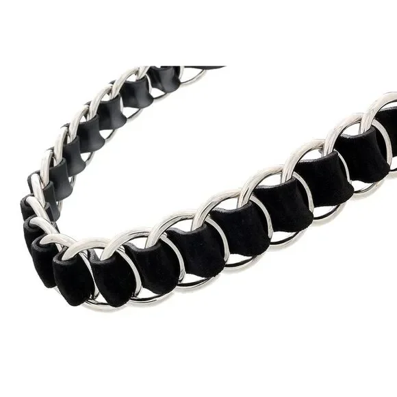 Miu Miu Black/Silver Leather Woven Silver Chain Choker Necklace-One Size - Picture 3 of 4